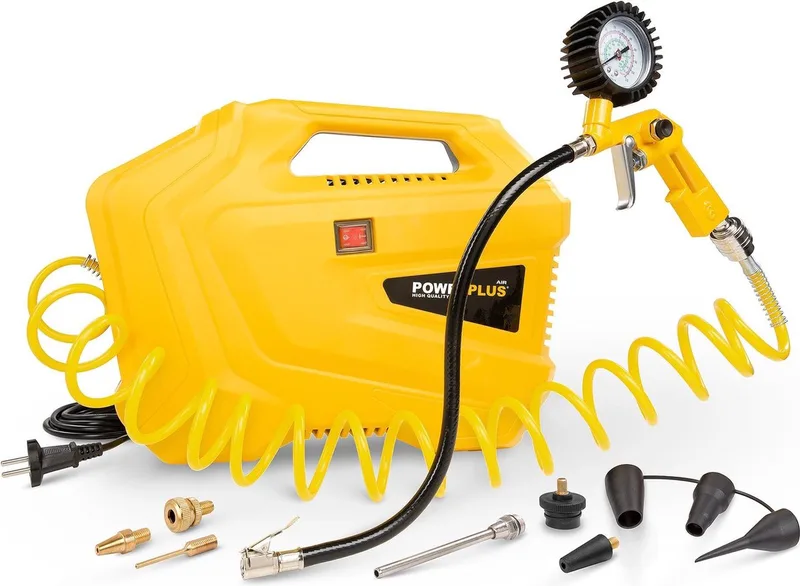 POWX1706 Compressor - Luchtcompressor van 1100W, 8 bar, 3m slang - Incl. 11 accessoires by Powerplus, Yellow – product image