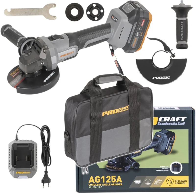 AG125A-1B-F accu-haakse slijper 20 V 125 mm borstelloos + 1x accu 4,0 Ah + oplader + tas de Procraft – image du produit