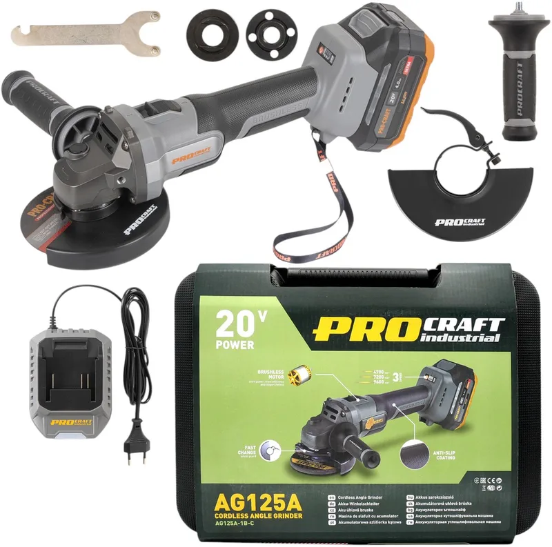 AG125A accu-haakse slijper 20 V 125 mm borstelloos + 1x accu 4,0 Ah + oplader + koffer de Procraft – image du produit