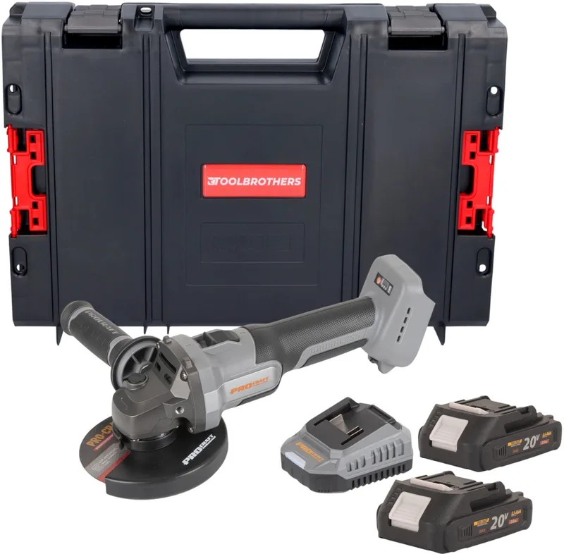 AG125Abb accu haakse slijper 20 V 125 mm borstelloos + 2x accu 2,0 Ah + oplader + RHINO gereedschapskoffer von Procraft – Produktbild