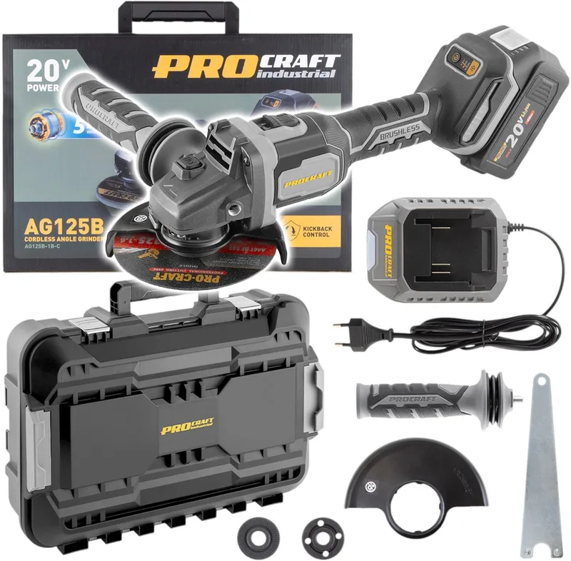 AG125B-CD accu haakse slijper 20 V 125 mm borstelloos + 1x accu 4,0 Ah + oplader + koffer van Procraft – productafbeelding