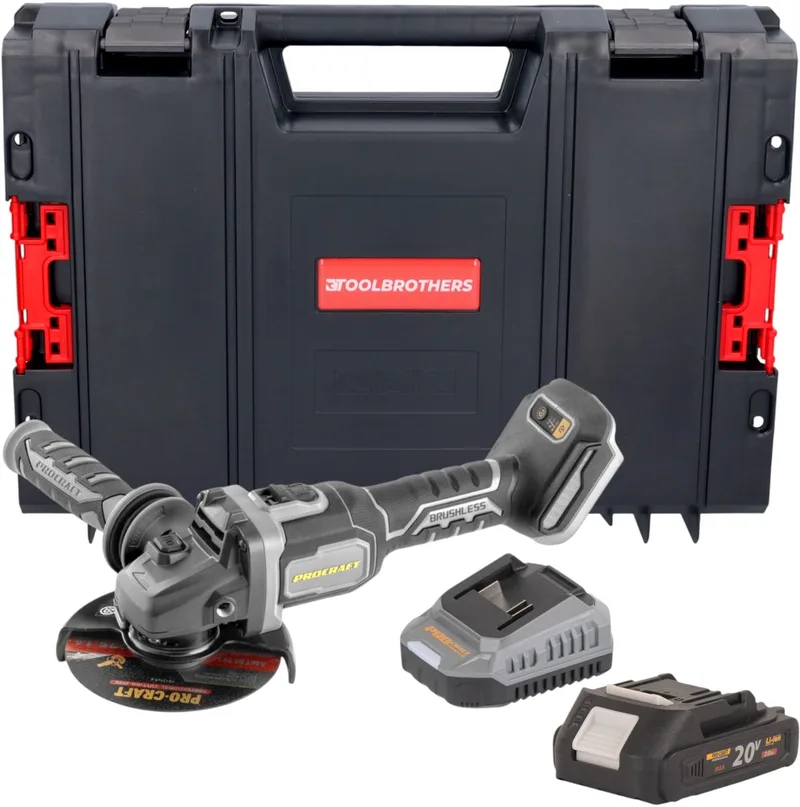 AG125Bbb accu haakse slijper 20 V 125 mm borstelloos + 1x accu 2,0 Ah + oplader + RHINO-gereedschapskoffer von Procraft – Produktbild