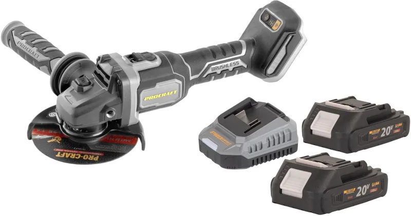 AG125Bbb accu haakse slijper 20 V 125 mm borstelloos + 2x accu 2,0 Ah + oplader von Procraft – Produktbild