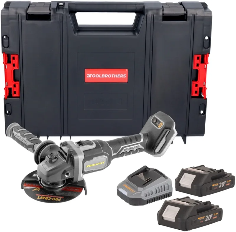 AG125Bbb accu haakse slijper 20 V 125 mm borstelloos + 2x accu 2,0 Ah + oplader + RHINO gereedschapskoffer von Procraft – Produktbild