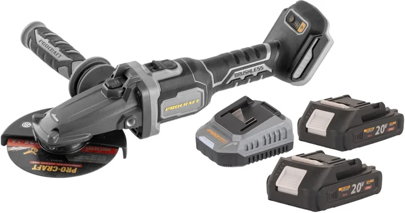 AG125Cbb accu haakse slijper met platte kop 20 V 125 mm borstelloos + 2x accu 2,0 Ah + oplader by Procraft – product image