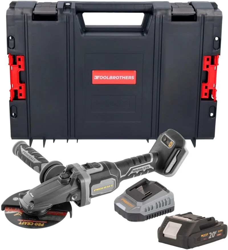 AG125Cbb accu vlakke hoekslijper 20 V 125 mm borstelloos + 1x accu 2,0 Ah + oplader + RHINO-gereedschapskoffer von Procraft – Produktbild
