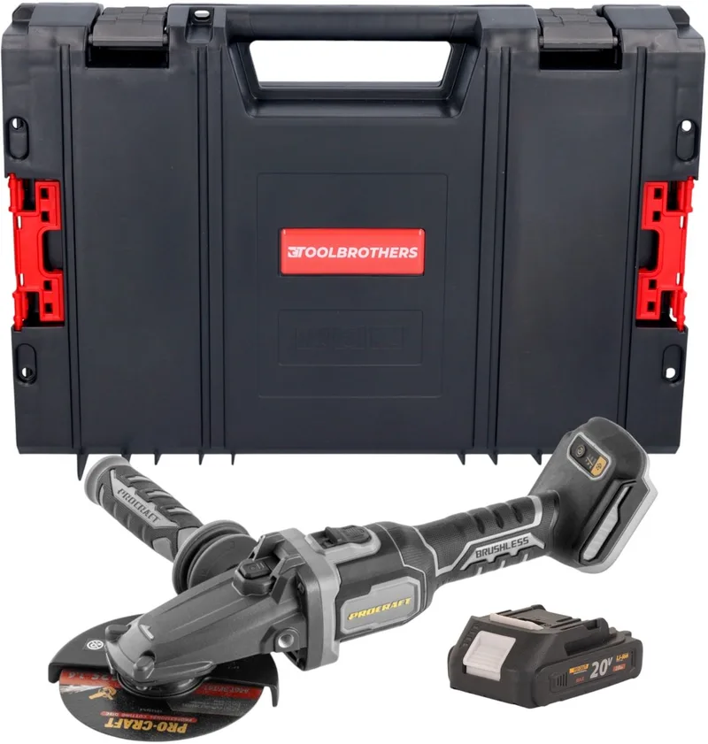 AG125Cbb accu vlakke hoekslijper 20 V 125 mm borstelloos + 1x accu 2,0 Ah + RHINO gereedschapskoffer - zonder oplader van Procraft – productafbeelding