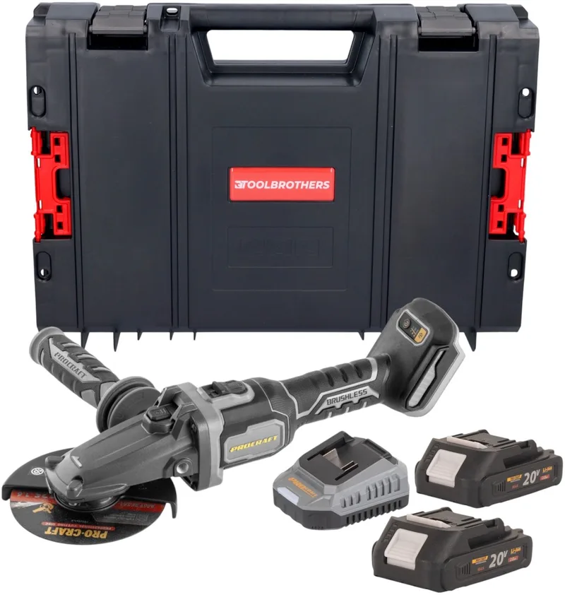 AG125Cbb accu vlakke hoekslijper 20 V 125 mm borstelloos + 2x accu 2,0 Ah + oplader + RHINO gereedschapskoffer von Procraft – Produktbild