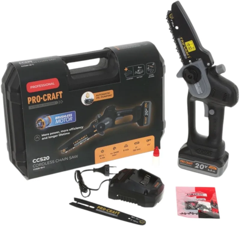 CCS20 accu-mini-takzaag kettingzaag 20 V 152 mm Brushless Black Edition + 1x accu 4,0 Ah + oplader + koffer by Procraft – product image