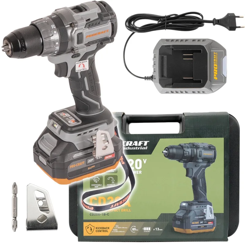 CD20A accu-klopboormachine 20 V 85 Nm + 1x accu 4,0 Ah + oplader + koffer van Procraft – productafbeelding