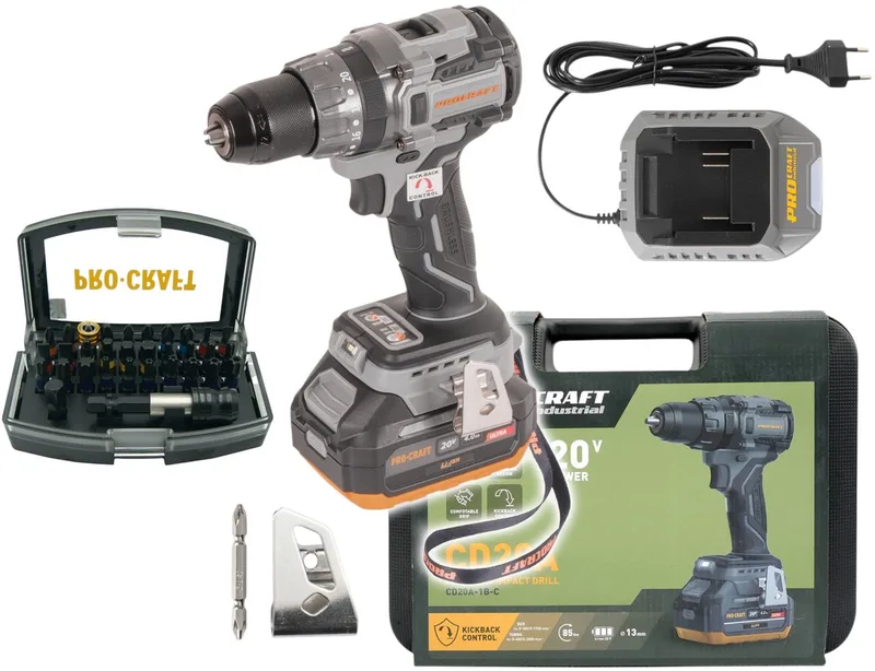 CD20A accu-klopboormachine 20 V 85 Nm + 1x accu 4,0 Ah + oplader + koffer van Procraft – productafbeelding