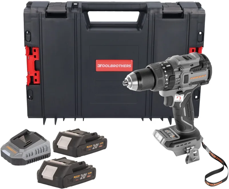CD20B-BB accu-slagboormachine 20 V 150 Nm borstelloos + 2x accu 2,0 Ah + oplader + RHINO-gereedschapskoffer van Procraft – productafbeelding