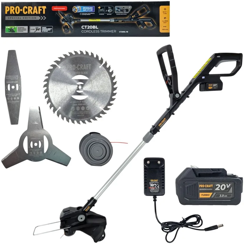 CT20BL accu-grastrimmer 20 V 30 cm Brushless Black Edition + 1x accu 3,0 Ah + oplader van Procraft – productafbeelding