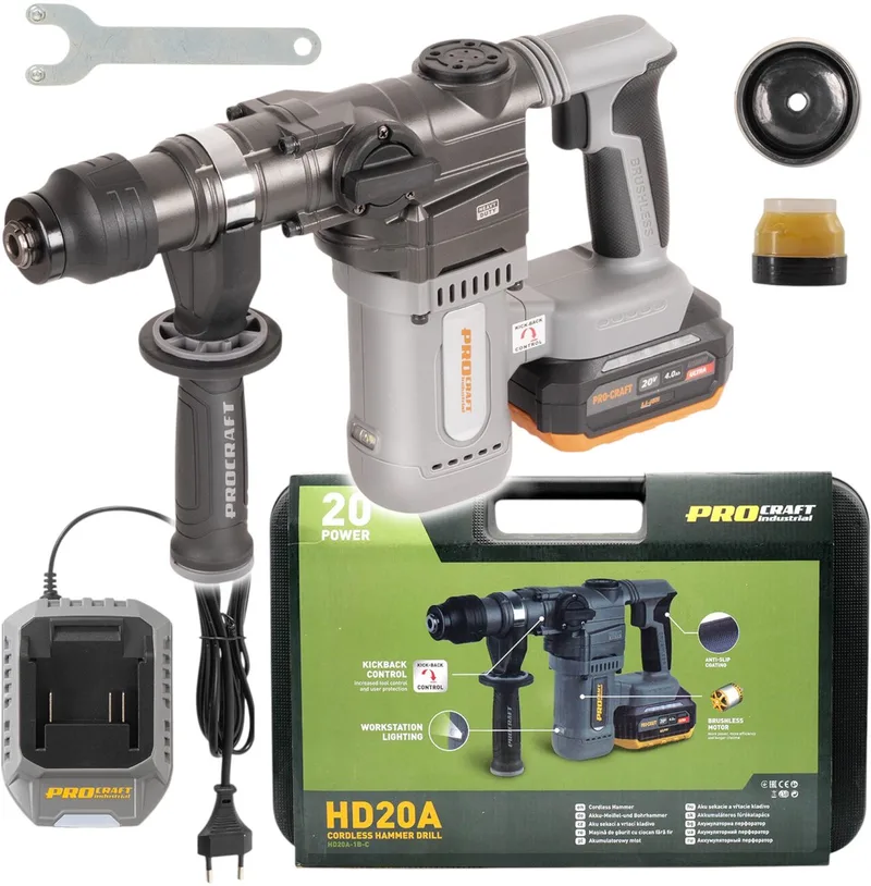 HD20A accu-boorhamer 20 V 3,8 J borstelloos + 1x accu 4,0 Ah + oplader + koffer de Procraft – image du produit