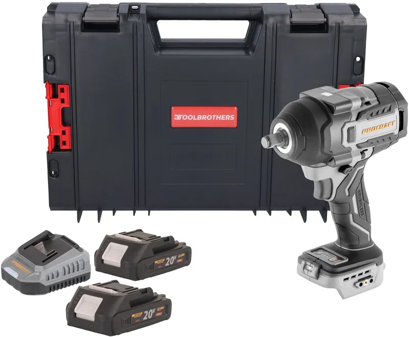 IW850A-BB accu-slagmoersleutel 20 V 850 Nm 1/2" borstelloos + 2x accu 2,0 Ah + oplader + RHINO-gereedschapskoffer från Procraft – produktbild