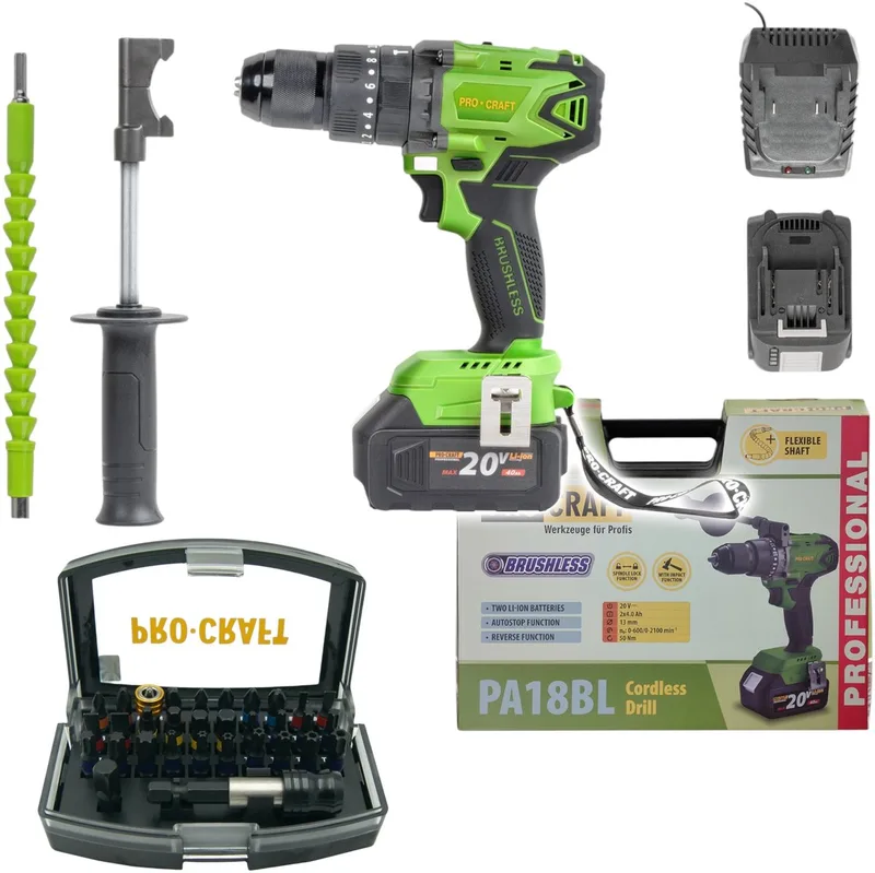 PA18BL accu-klopboormachine 20 V 50 Nm borstelloos + 2x accu 4,0 Ah + oplader + koffer de Procraft – image du produit