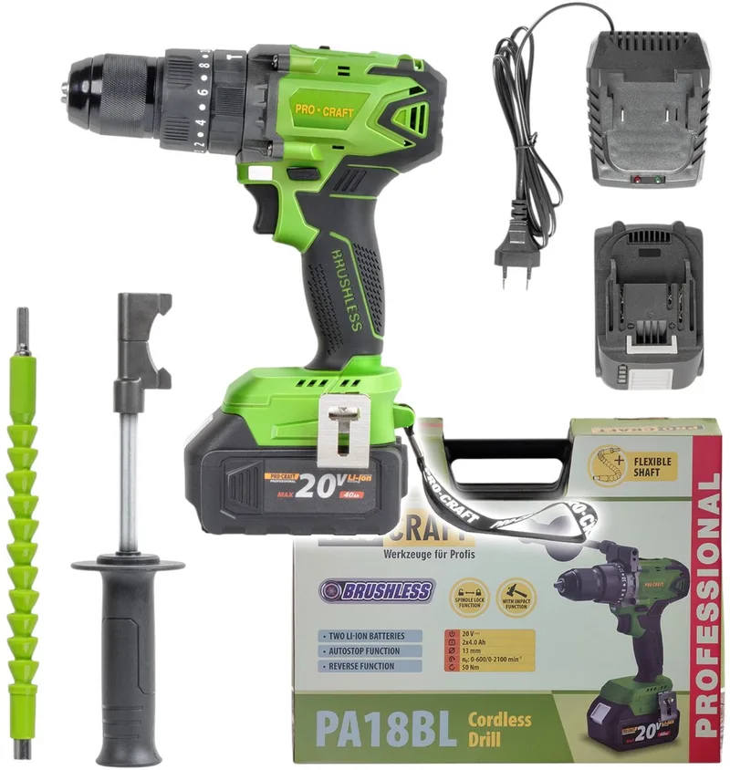 PA18BL accu-klopboormachine 20 V 50 Nm borstelloos + 2x accu 4,0 Ah + oplader + koffer de Procraft – image du produit