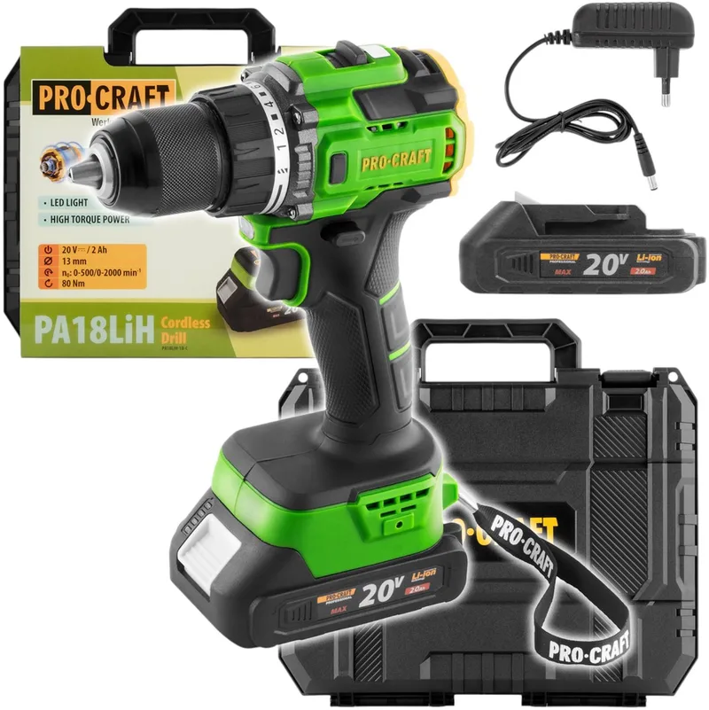 PA18LiH-1B-C accuboormachine 20 V 80 Nm borstelloos + 1x accu 2,0 Ah + oplader + koffer de Procraft – image du produit