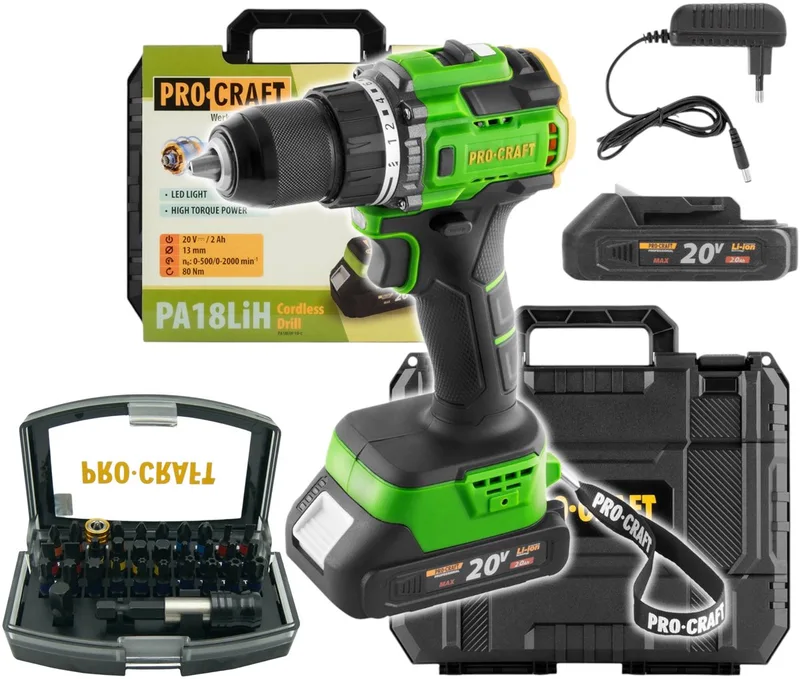 PA18LiH-1B-C accuboormachine 20 V 80 Nm borstelloos + 1x accu 2,0 Ah + oplader + koffer fra Procraft – produktbillede