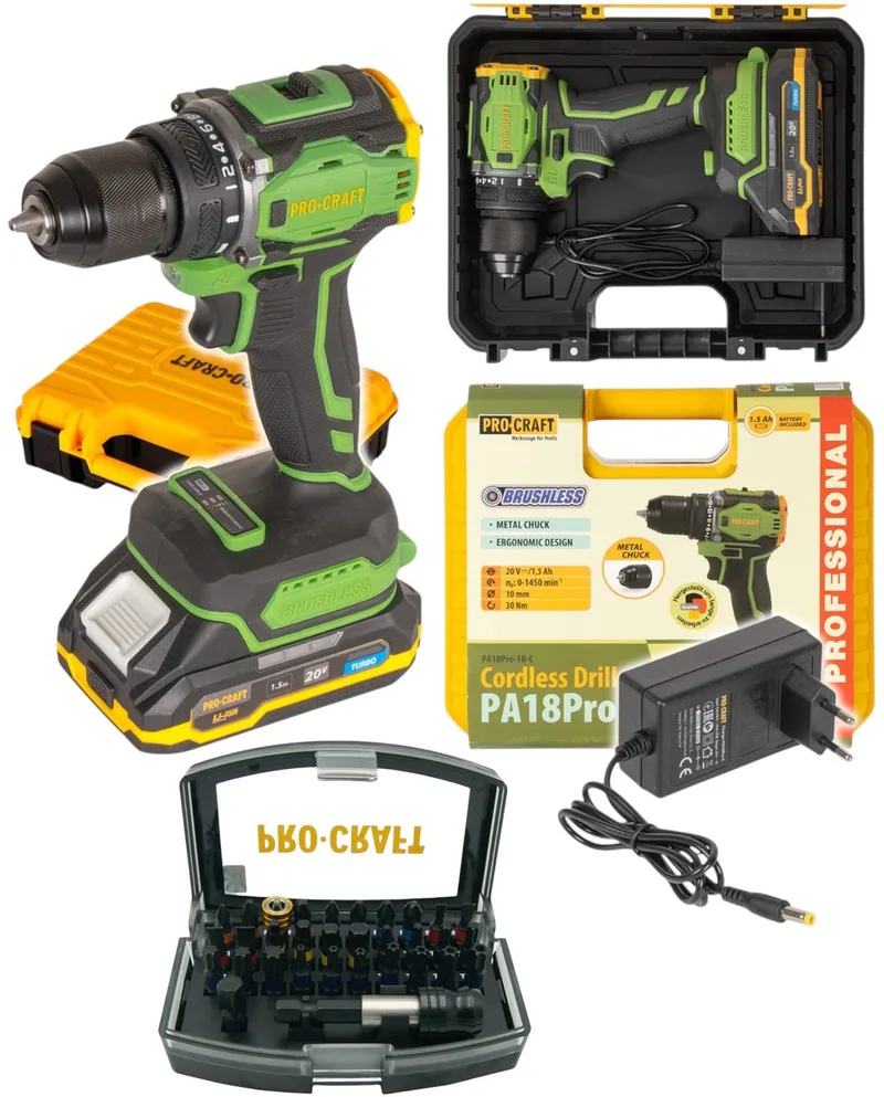 PA18Pro accuboormachine 20 V 30 Nm borstelloos + 1x accu 1,5 Ah + oplader + koffer by Procraft – product image