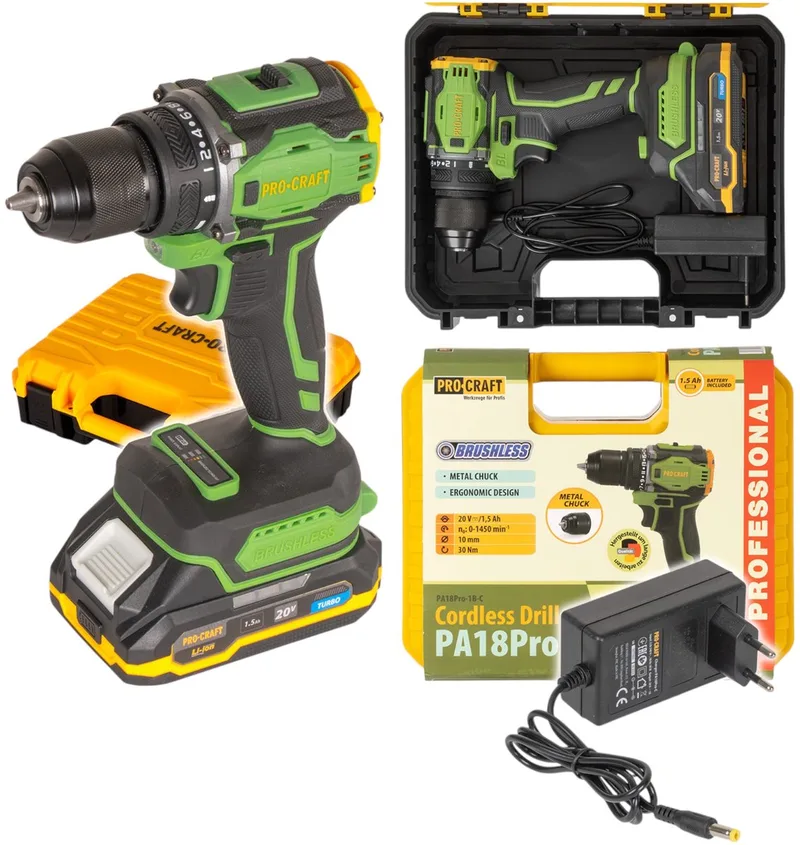 PA18Pro accuboormachine 20 V 30 Nm borstelloos + 1x accu 1,5 Ah + oplader + koffer de Procraft – image du produit