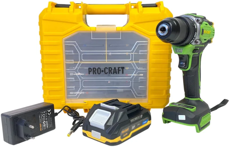PA18Pro2-1B-C accuboormachine 20 V 30 Nm borstelloos + 1x accu 2,0 Ah + oplader + 13-delige bitset + koffer von Procraft – Produktbild