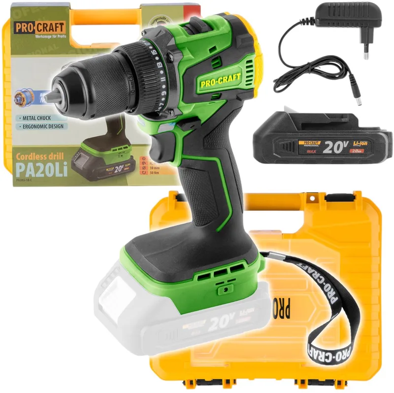 PA20Li accuboormachine 20 V 50 Nm borstelloos + 1x accu 2,0 Ah + oplader + koffer by Procraft – product image
