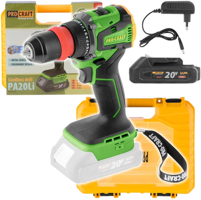 PA20LiDFR accuboormachine 20 V 50 Nm borstelloos + 1x accu 2,0 Ah + oplader + koffer de Procraft – image du produit