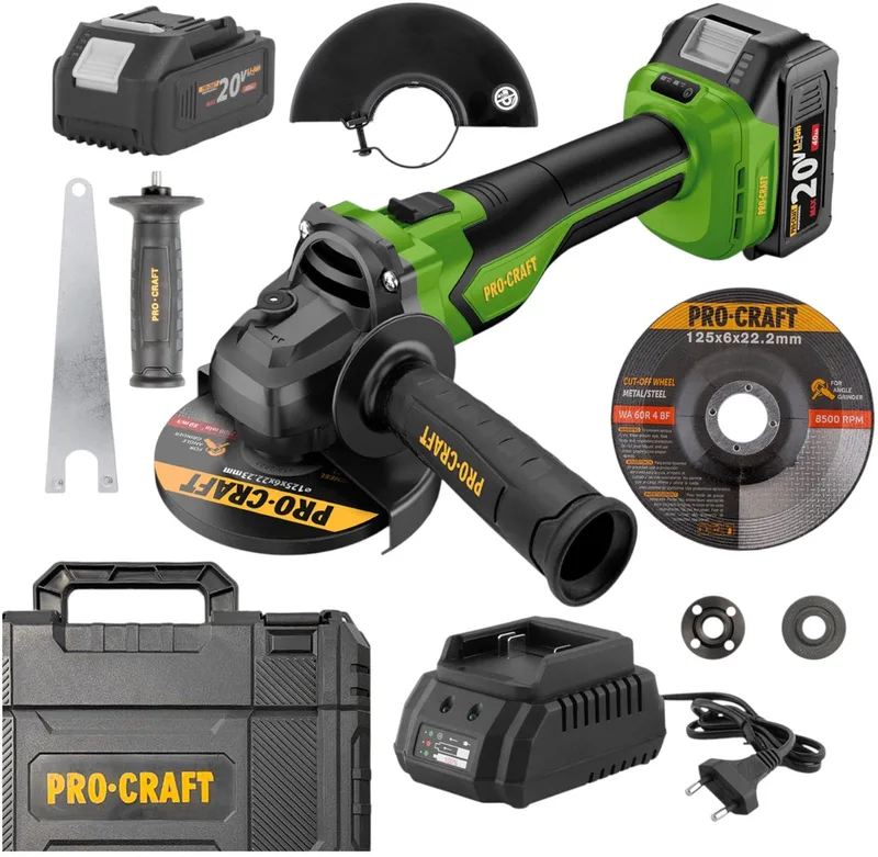 PGA22-1B-C accu haakse slijper 20 V 125 mm borstelloos + 1x accu 4,0 Ah + oplader + koffer de Procraft – image du produit