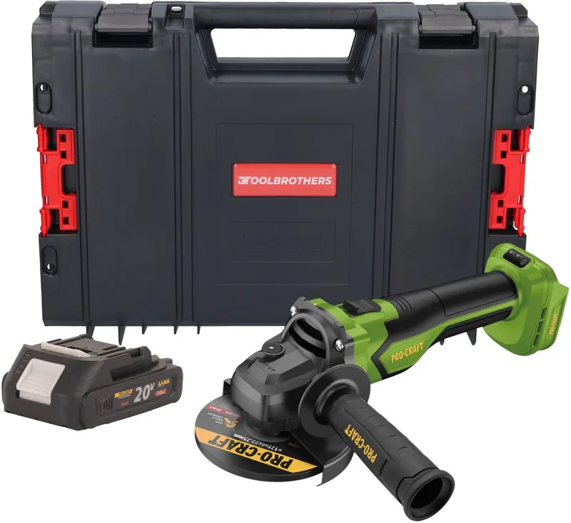 PGA22-BB accu haakse slijper 20 V 125 mm borstelloos + 1x accu 2,0 Ah + RHINO-gereedschapskoffer - zonder oplader fra Procraft – produktbillede