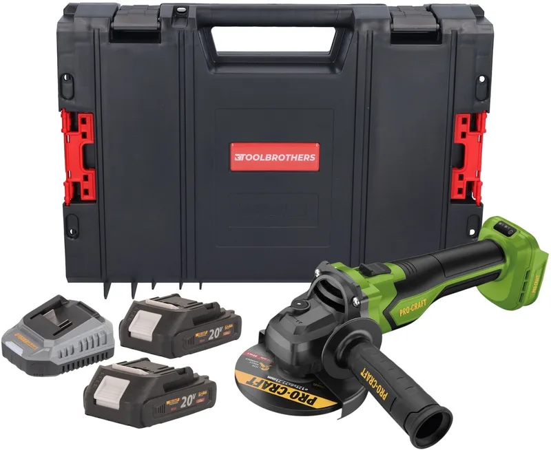 PGA22-BB accu haakse slijper 20 V 125 mm borstelloos + 2x accu 2,0 Ah + oplader + RHINO gereedschapskoffer fra Procraft – produktbillede