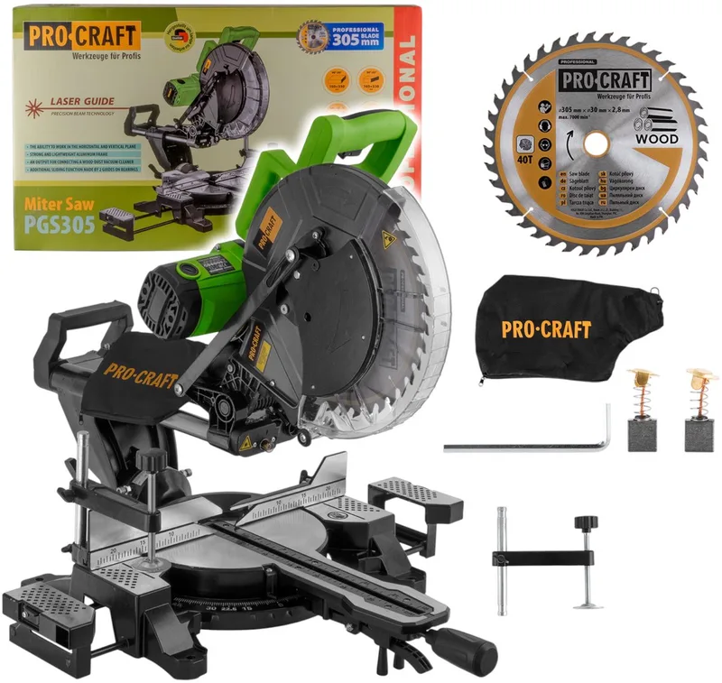 PGS305 afkort- en verstekzaag 2000 W + 305 mm zaagblad 40 Z & stofzak från Procraft – produktbild