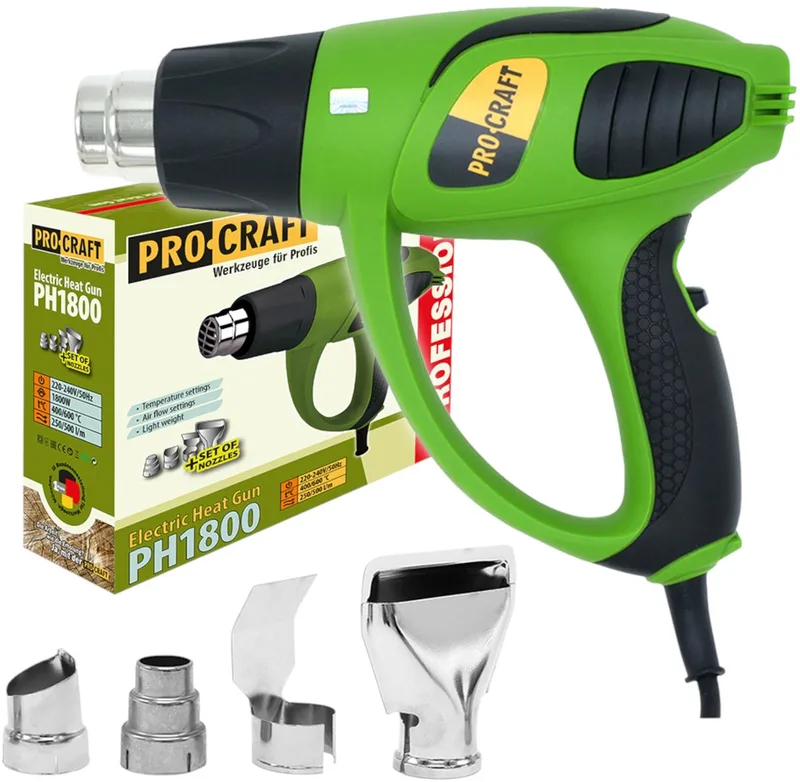 PH1800 heteluchtpistool 1800 watt 400 - 600 °C + 4x mondstuk de Procraft – image du produit