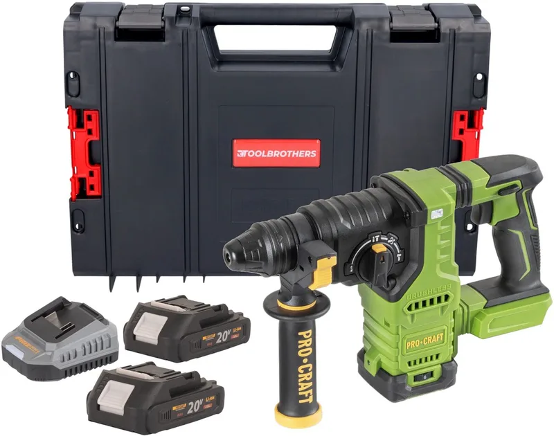 PHA30bb accuboormachine 20 V 2,8 J SDS plus Brushless + 2x accu 2,0 Ah + oplader + RHINO gereedschapskoffer de Procraft – image du produit