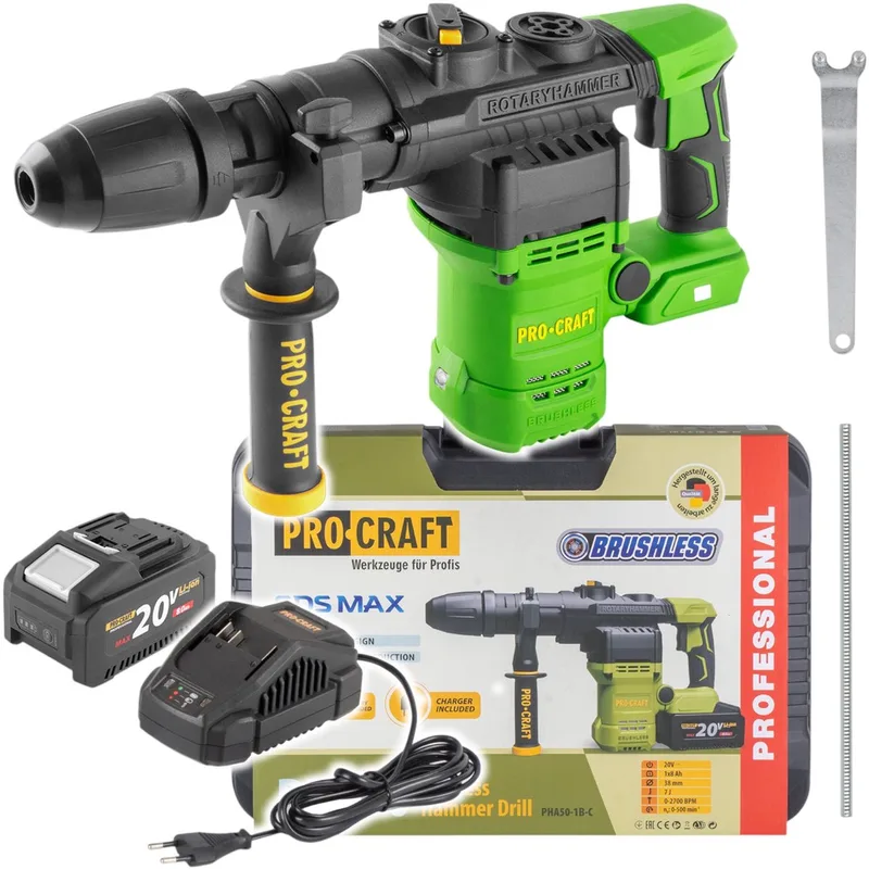 PHA50-1B-C accu-boorhamer 20 V 7 J SDS max Brushless + 1x accu 8,0 Ah + oplader + koffer von Procraft – Produktbild