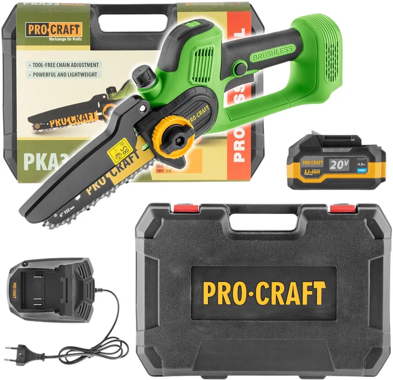 PKA35 accu-takzaag kettingzaag 20 V 152 mm borstelloos + 1x accu 4,0 Ah + oplader + koffer de Procraft – image du produit