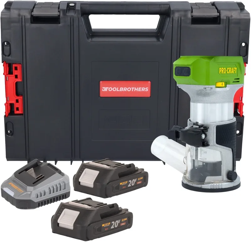 POB24bb accu multifunctionele frees 20 V 6 / 8 mm borstelloos + 2x accu 2,0 Ah + oplader + RHINO gereedschapskoffer von Procraft – Produktbild