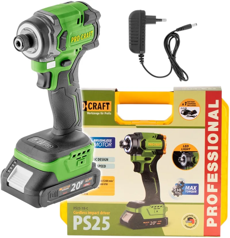 PS25-1B-C accu-slagmoersleutel 20 V 230 Nm 1/4" borstelloos + 1x accu 2,0 Ah + oplader + koffer från Procraft – produktbild