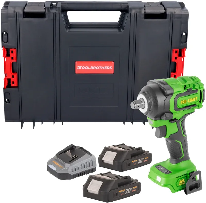 PWA18bb accu-slagmoersleutel 20 V 550 Nm 1/2" borstelloos + 2x accu 2,0 Ah + oplader + RHINO-gereedschapskoffer von Procraft – Produktbild