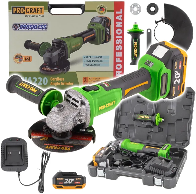 PWA220 accu haakse slijper 20 V 125 mm borstelloos + 1x accu 4,0 Ah + oplader + koffer fra Procraft – produktbillede