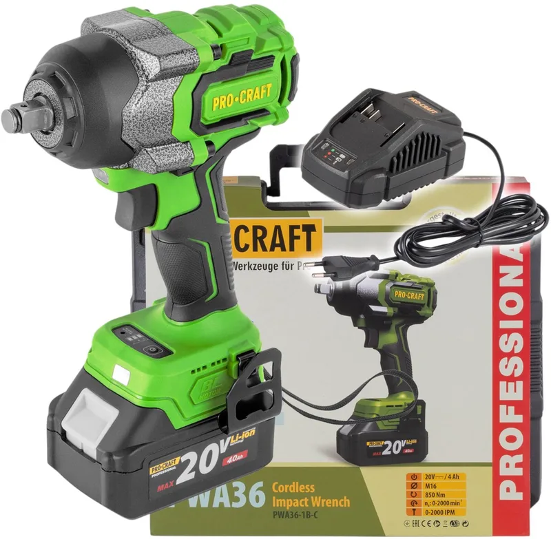 PWA36-1B-C accu-slagmoersleutel 20 V 850 Nm 1/2" borstelloos + 1x accu 4,0 Ah + oplader + koffer de Procraft – image du produit