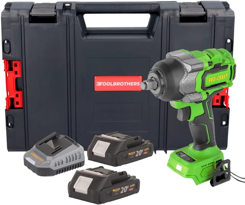 PWA36bb accu-slagmoersleutel 20 V 850 Nm 1/2" borstelloos + 2x accu 2,0 Ah + oplader + RHINO-gereedschapskoffer från Procraft – produktbild