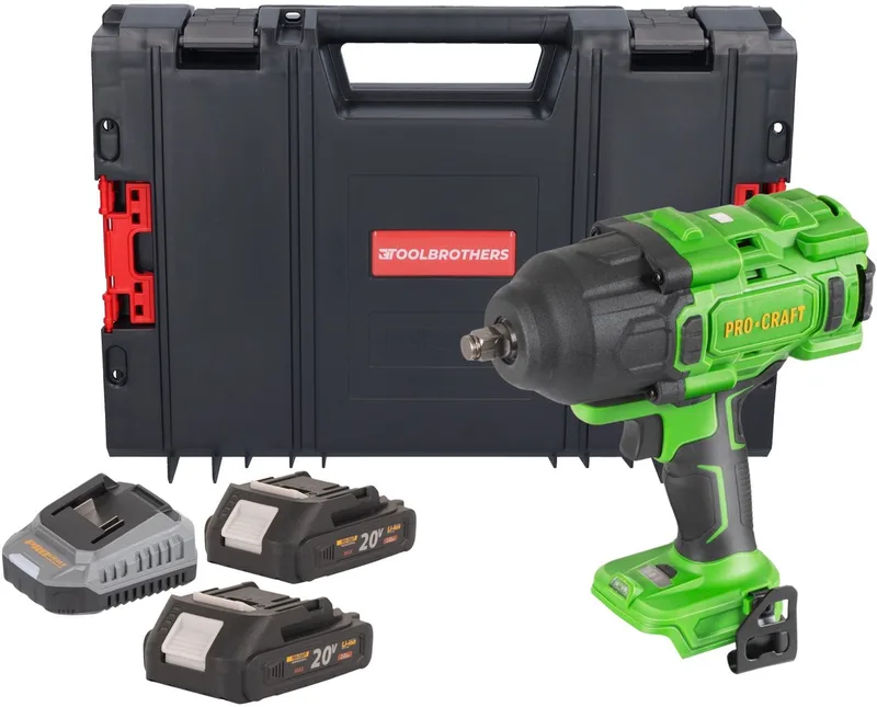 PWA80bb accu-slagmoersleutel 20 V 1600 Nm 1/2" borstelloos + 2x accu 2,0 Ah + oplader + RHINO-gereedschapskoffer fra Procraft – produktbillede