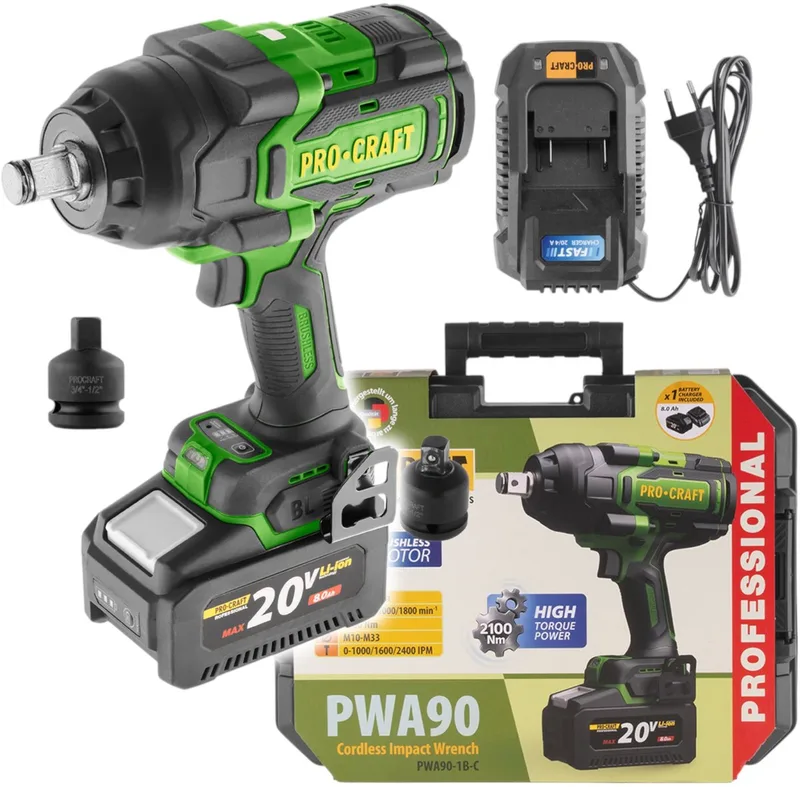 PWA90 accu-slagmoersleutel 20 V 2100 Nm 3/4" borstelloos + 1x accu 4,0 Ah + oplader + koffer fra Procraft – produktbillede