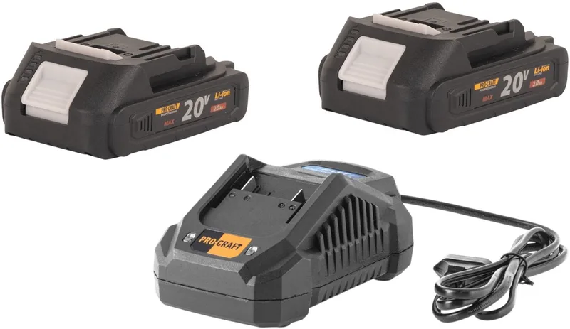 Starterset 20 V 20/4A snellader + 2x 20/2A accu 2,0 Ah van Procraft – productafbeelding
