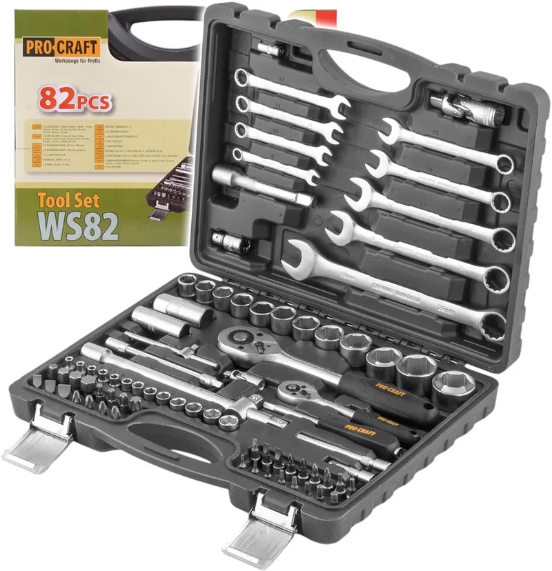 WS-82 steeksleutelset 82-delig 1/4" / 1/2" ratel / sleutel / steeksleutel / bits + koffer van Procraft – productafbeelding
