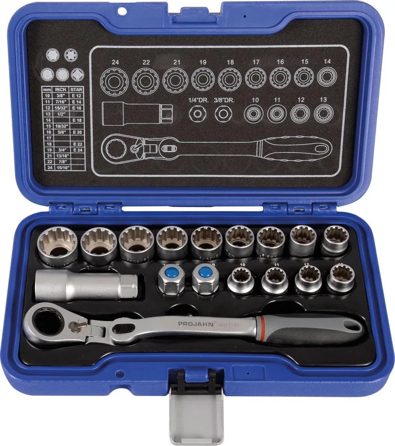 Doppenset GearTech 1/4" + 3/8"- Ratel Vergrendeling en Flex Head 17-dlg. E-TX van PROJAHN, Zilver – productafbeelding