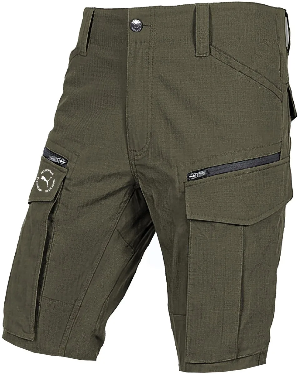 Workwear cargoshorts, korte werkbroek voor heren - Stevige shorts met stretch en ripstop-stof - Elastische tailleband - Verhoogd achterpand - Hamerlus - Mobiele telefoonzak - W30 de Puma Safety, Light Olive – image du produit