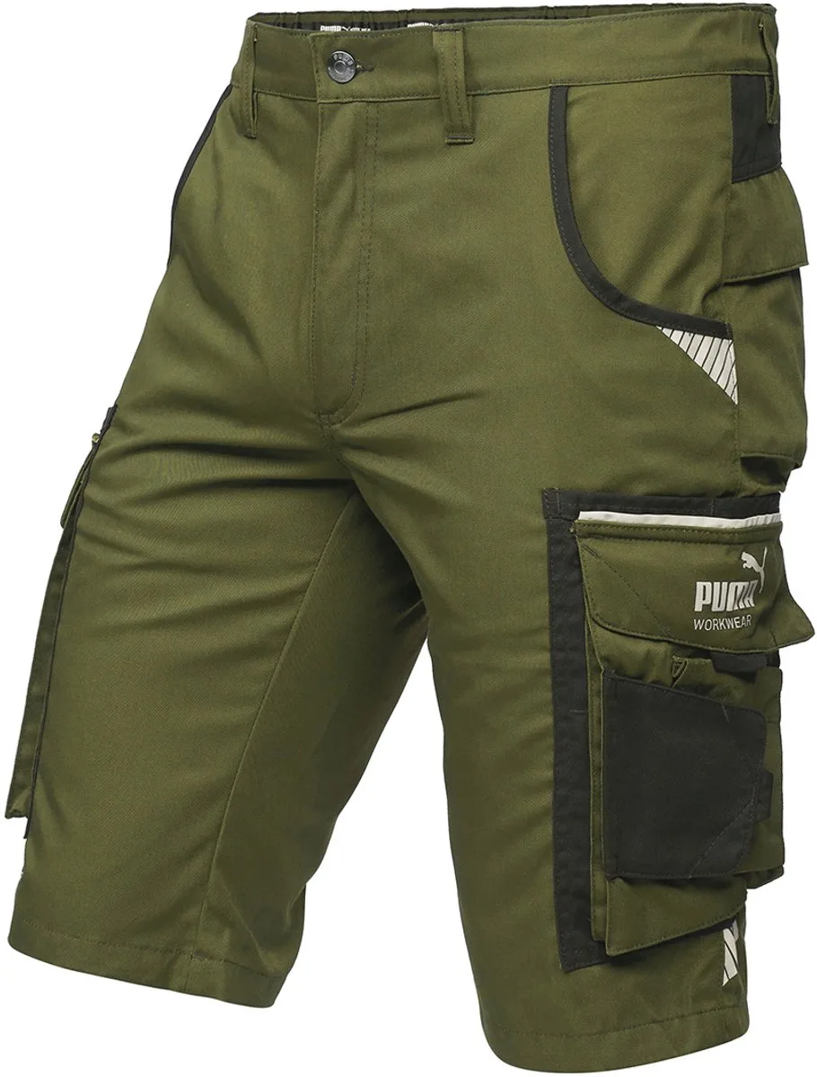 Workwear Precision X Werkshorts heren – korte werkbroek – stretch, robuust & reflecterend – veel zakken – Oliv/Zwart von Puma Safety, Oliv, 44 – Produktbild