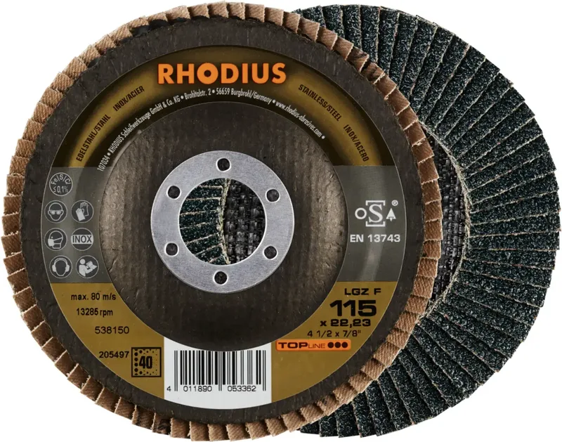 Rhodius 205497 LGZ F Fächerschleifscheibe Körnung (num) 40 Edelstahl, Stahl 10 St. fra Rhodius – produktbillede 1 af 2